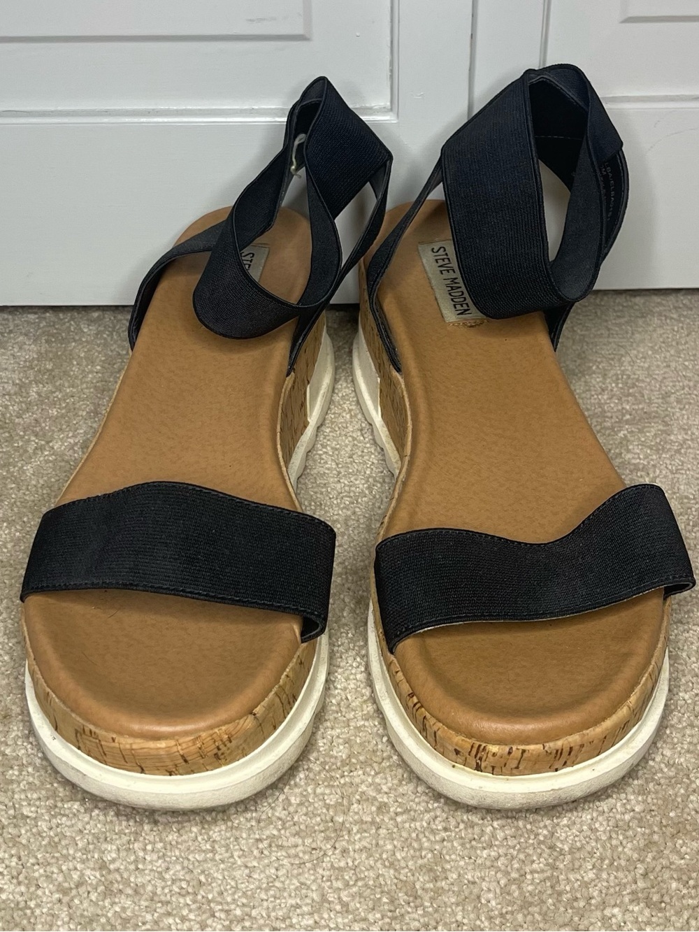 Steve Madden Black Elastic Strap Cork-Platform Sandals